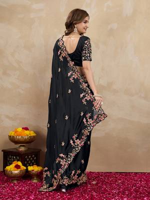 Trendmalls Black Art Silk Heavy Embroidred Saree 3