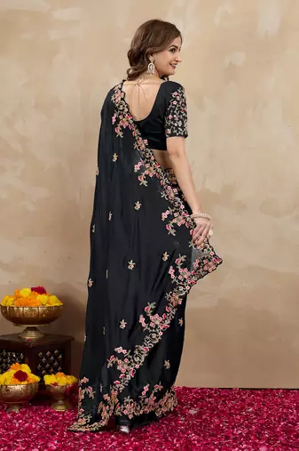 Trendmalls Black Art Silk Heavy Embroidred Saree