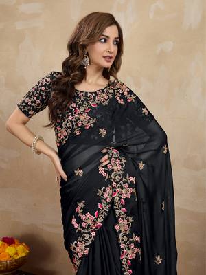 Trendmalls Black Art Silk Heavy Embroidred Saree 4