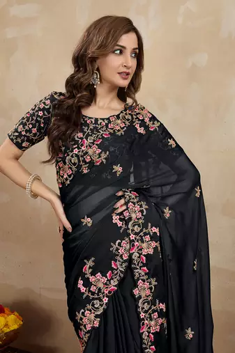 Trendmalls Black Art Silk Heavy Embroidred Saree