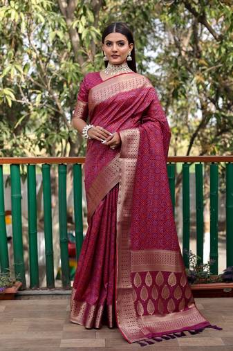 Wine Woven Design Bandhej Patola Silk Blend Saree With Blouse
