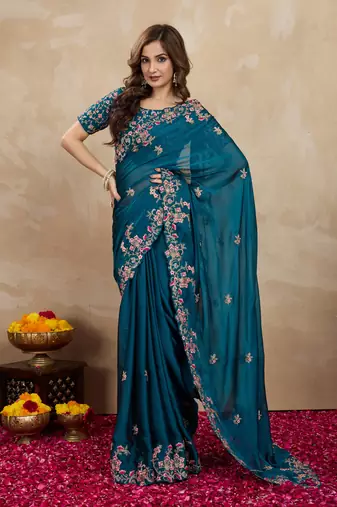 Trendmalls Morpich Rangoli art Silk Heavy Embroidered saree