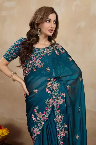 Trendmalls Morpich Rangoli art Silk Heavy Embroidered saree