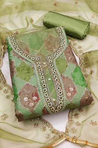 Green Organza Unstitched Dress Material