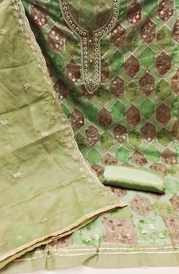 Green Organza Unstitched Dress Material 2
