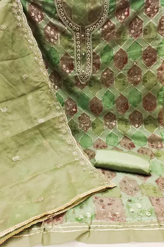 Green Organza Unstitched Dress Material