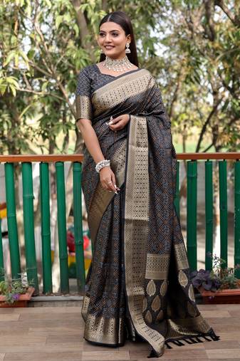 Black Woven Design Bandhej Patola Silk Blend Saree With Blouse