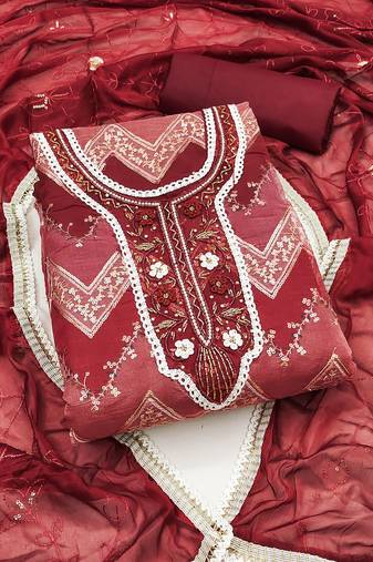 Red Organza Unstitched Dress Material