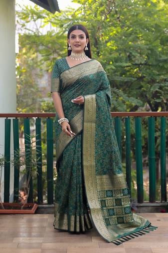 Dark Green Woven Design Bandhej Patola Silk Blend Saree With Blouse