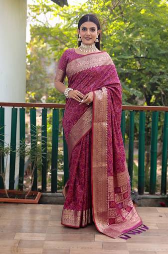 Wine Woven Design Bandhej Patola Silk Blend Saree With Blouse