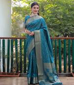 Teal Woven Design Bandhej Patola Silk Blend Saree With Blouse