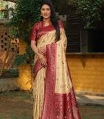 Cream woven design kanjivaram pattu silk blend saree with blouse
