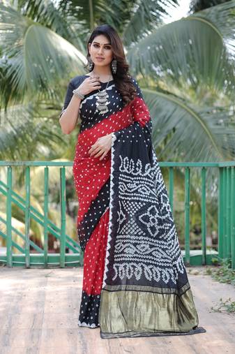 Red And Black Woven Design Bandhej Patola Silk Blend Saree With Blouse