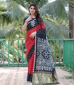 Red And Black Woven Design Bandhej Patola Silk Blend Saree With Blouse
