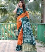 Mustard And Green Woven Design Bandhej Patola Silk Blend Saree With Blouse