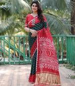 Green And Red Woven Design Bandhej Patola Silk Blend Saree With Blouse