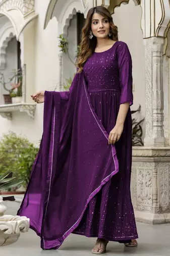 Trendmalls Women's Georgette Embroidery Salwar Suit Anarkali Kurta Set with Dupatta