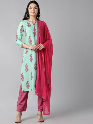 green color printed poly crepe styles kurta trouser with dupatta 1