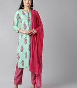 green color printed poly crepe styles kurta trouser with dupatta