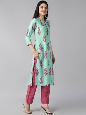 green color printed poly crepe styles kurta trouser with dupatta 3