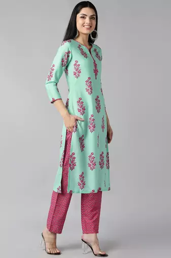 green color printed poly crepe styles kurta trouser with dupatta