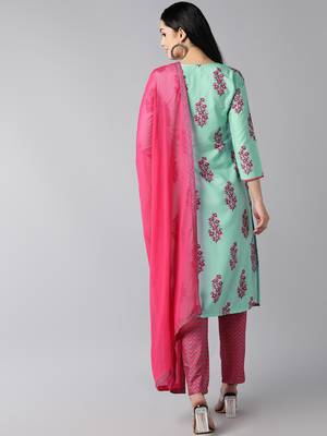 green color printed poly crepe styles kurta trouser with dupatta 4