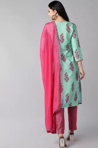 green color printed poly crepe styles kurta trouser with dupatta