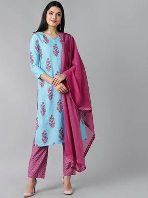 blue color printed poly silk styles kurta trouser with dupatta 1
