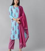 blue color printed poly silk styles kurta trouser with dupatta