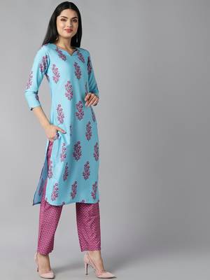 blue color printed poly silk styles kurta trouser with dupatta 3