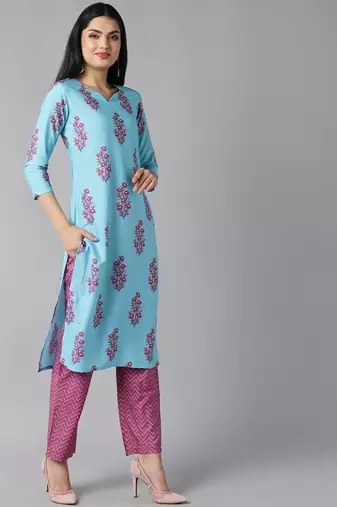blue color printed poly silk styles kurta trouser with dupatta
