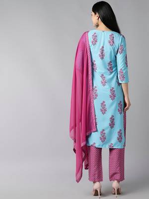 blue color printed poly silk styles kurta trouser with dupatta 4
