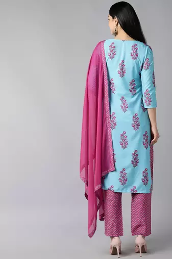 blue color printed poly silk styles kurta trouser with dupatta