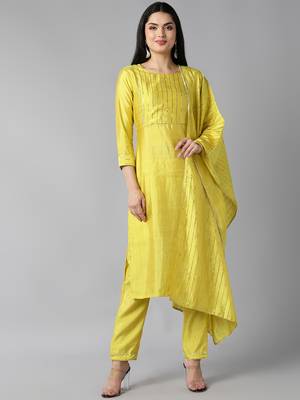yellow color yoke design poly chanderi styles kurta trouser with dupatta 1