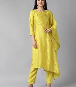 yellow color yoke design poly chanderi styles kurta trouser with dupatta