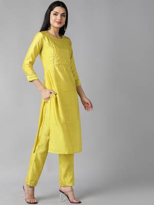 yellow color yoke design poly chanderi styles kurta trouser with dupatta 3