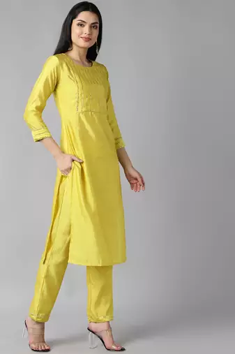 yellow color yoke design poly chanderi styles kurta trouser with dupatta
