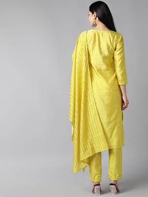 yellow color yoke design poly chanderi styles kurta trouser with dupatta 4
