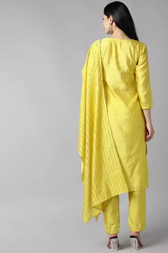 yellow color yoke design poly chanderi styles kurta trouser with dupatta