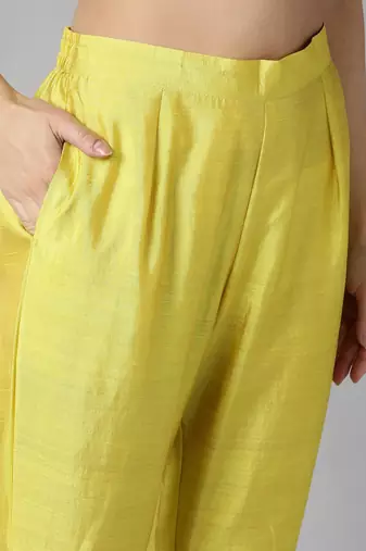 yellow color yoke design poly chanderi styles kurta trouser with dupatta