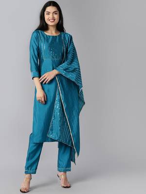 teal color yoke design poly chanderi styles kurta trouser with dupatta 1