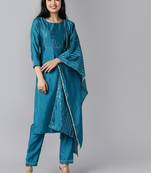 teal color yoke design poly chanderi styles kurta trouser with dupatta