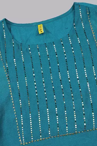 teal color yoke design poly chanderi styles kurta trouser with dupatta
