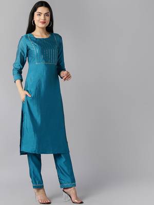 teal color yoke design poly chanderi styles kurta trouser with dupatta 3