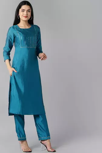 teal color yoke design poly chanderi styles kurta trouser with dupatta