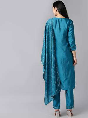 teal color yoke design poly chanderi styles kurta trouser with dupatta 4