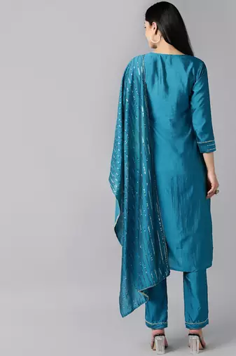 teal color yoke design poly chanderi styles kurta trouser with dupatta