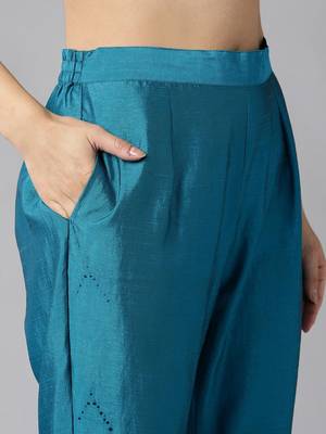 teal color yoke design poly chanderi styles kurta trouser with dupatta 5