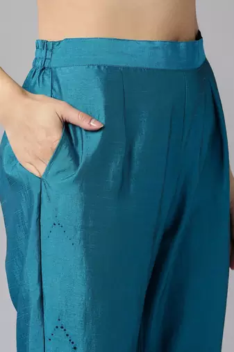 teal color yoke design poly chanderi styles kurta trouser with dupatta