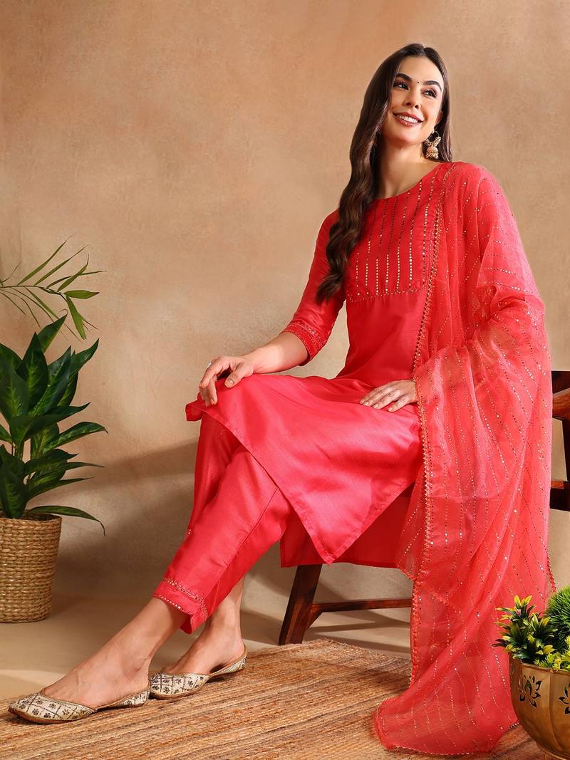 fuchsia color yoke design poly chanderi styles kurta trouser with dupatta
